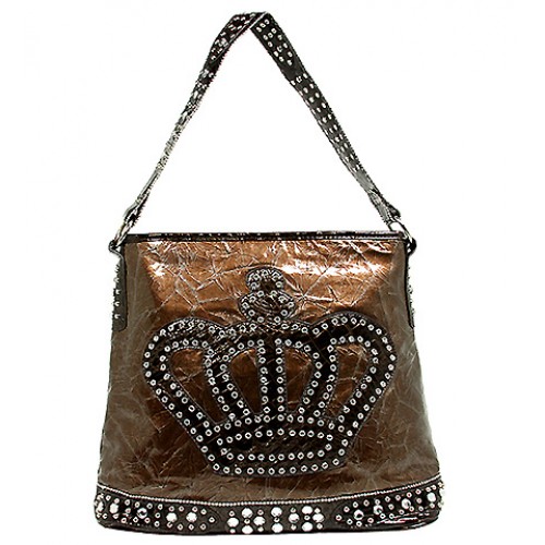 Crown Shoulder Bag w/ Studs - Brown- BG-90806BR